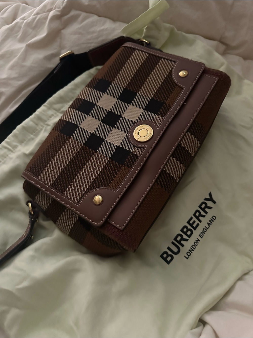 Burberry Brown & Tan Check Leather-Trim Messenger Bag